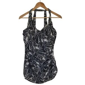 Lands End Womens Black White Modest V Neck Slender Wrap 1 Piece Swimsuit Size 14